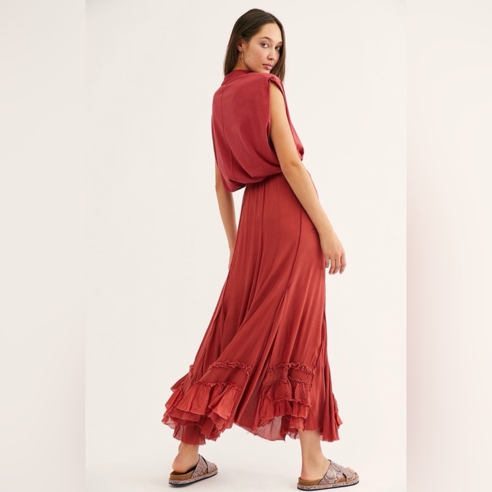 Free People FP One Cypress Ruffle Maxi Skirt Boho Terracotta NWOT L